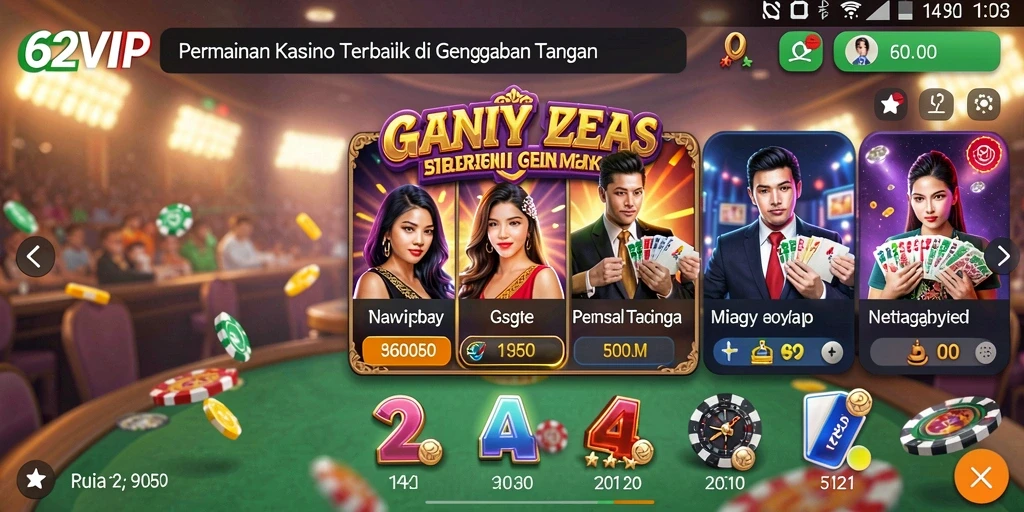 Tampilan gameplay seru di 62VIP dengan variasi permainan kasino.