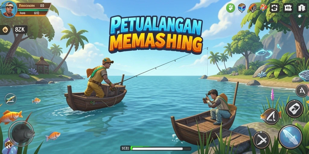 Tangkapan ikan besar di game 8ZK dengan latar belakang alam yang indah.