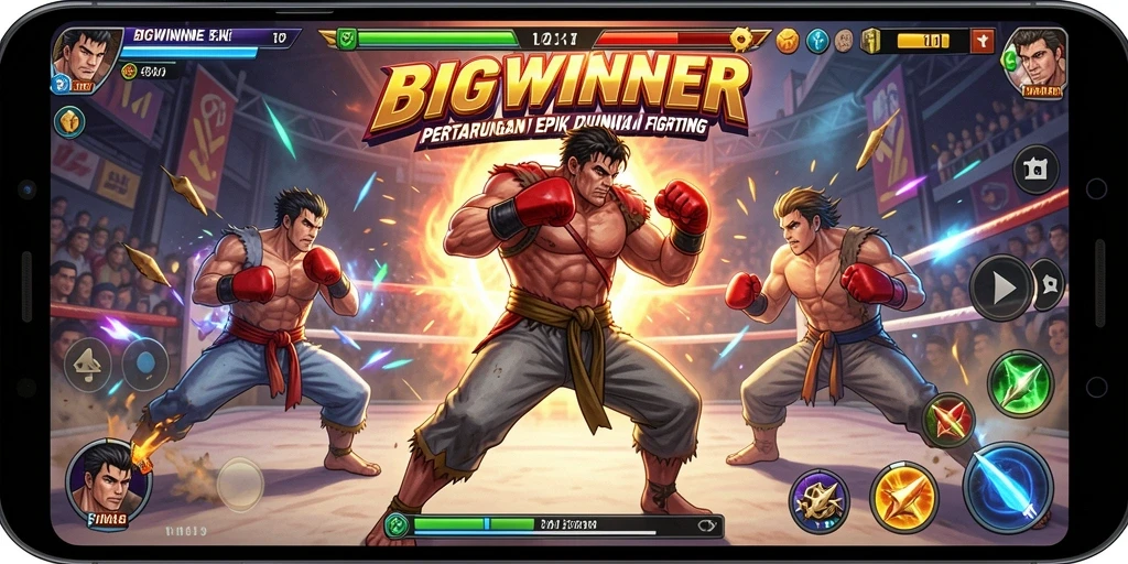 Screenshot BIGWINNER menunjukkan pertarungan yang seru antar karakter.