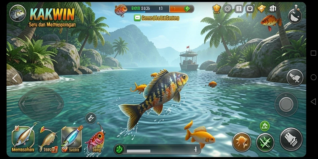 Tampilan gameplay KAKWIN yang menarik saat memancing di alam.