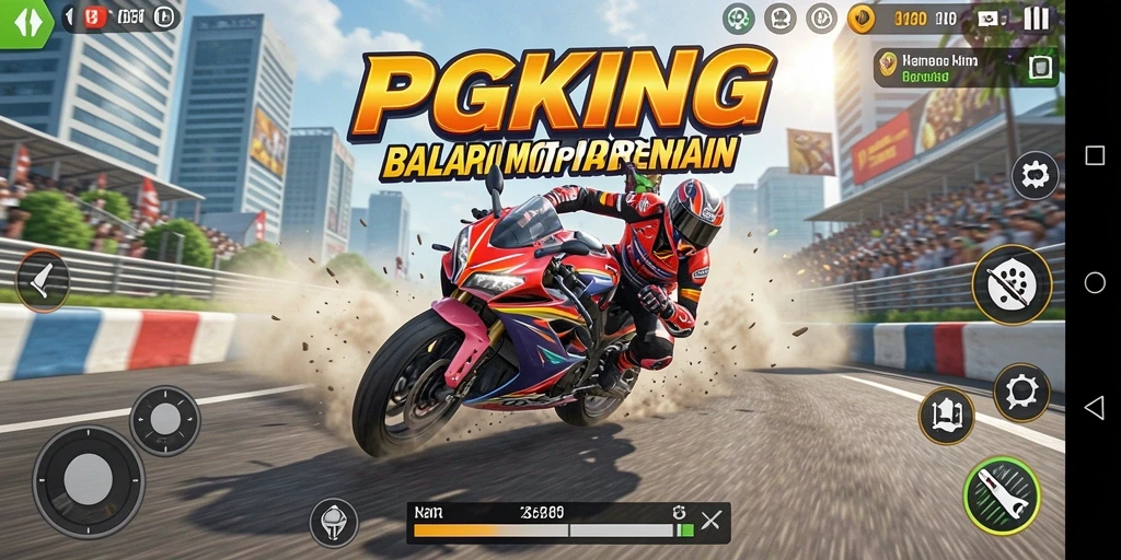 Screenshot PGKING menampilkan aksi balapan motor yang seru dan grafis yang mengesankan.