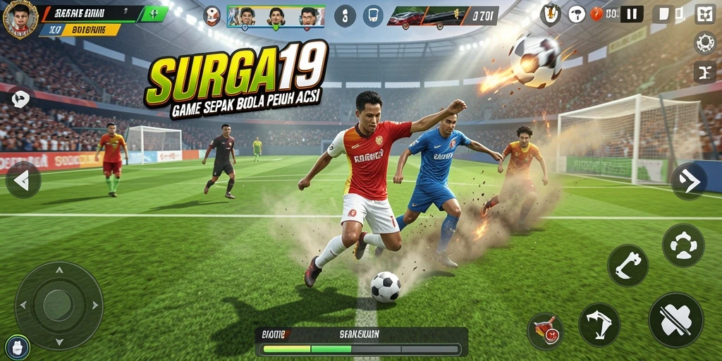 Gameplay SURGA19 dengan aksi permainan sepak bola yang intens.